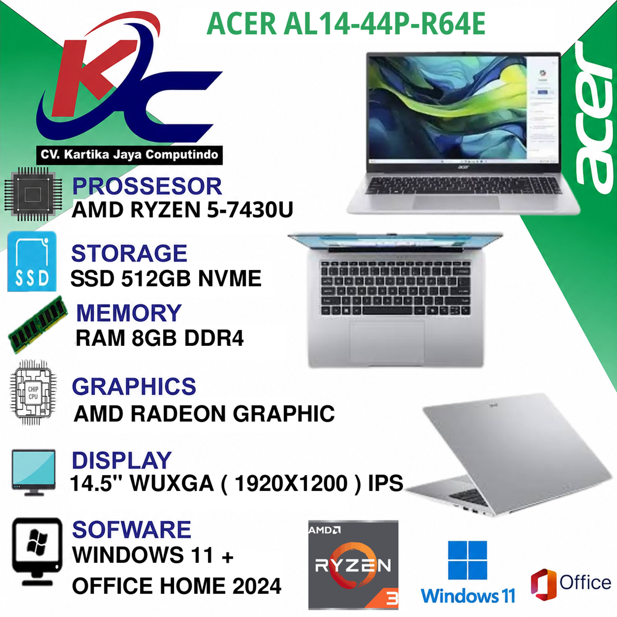 ACER AL14-44P-R64E  R5-7430U/ 8GB/ SSD 512GB/ IPS/ W11 OHS+M365 SILVER